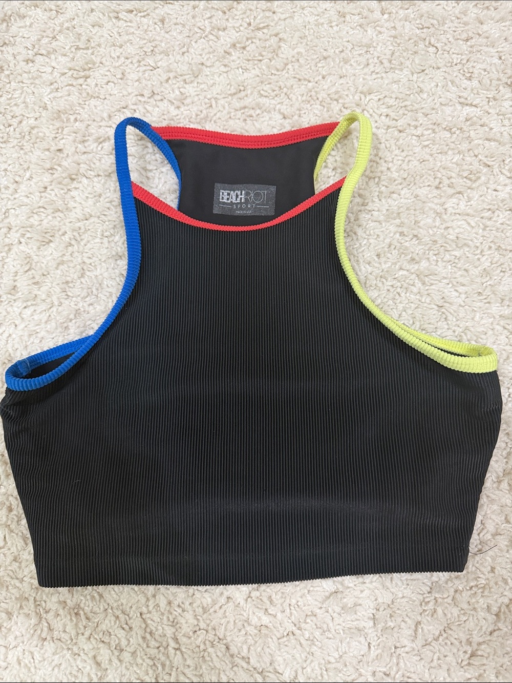Beach Riot Black Ribbed High Neck Crop with Blue, Red & Neon Yellow Trim